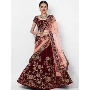 Beautiful Maroon Colored Party Wear Designer Embroidered Velvet Semi Stitched Lehenga Choli <b>by</b> Zeel Clothing - Product Image 1