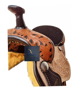 Silla de montar western de cuero tópico con grabado floral, asiento de gamuza negra, accesorios de acero inoxidable y juego de arreos, de 10 a 18 pulgadas - Product Image 3