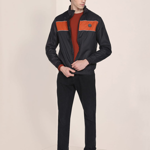 Men'<b>s</b> Color Blocking Racer <b>Jacket</b> Windproof Stand Collar Zipper Closure Sporty Style Autumn Wear Black Orange Panel Design - Product Image 1