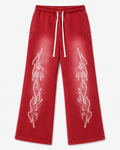 Red Men's Wide Leg Sweatpants <b>Elastic</b> <b>Waist</b> Drawstring Casual Pants Heat Transfer Flame Print Cotton Streetwear <b>Trousers</b> - Product Image 3