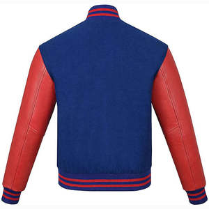 Blouson universitaire homme bleu marine et rouge avec manches contrastantes, col montant, poignets et ourlet zippés, vêtement extérieur personnalisé en toile imperméable et respirante - Product Image 3
