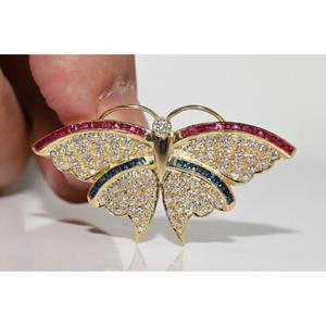 Broche de Mariposa Vintage Chapado en Oro de 14k con Plata 925, Moissanita, Rubí y Zafiro, con Incrustaciones, Regalo para Boda o Fiesta, Certificado GRA, 2.30CT, Engaste de Puntas - Product Image 1