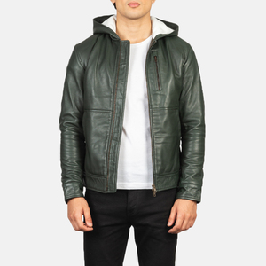 Chaqueta de Cuero Verde con Capucha para Hombre, Cierre de Cremallera, Corte Ajustado, Estilo Motero, para Otoño - Product Image 1