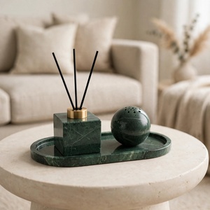 Diffuseur de parfum d'ambiance en marbre vert foncé avec plateau ovale, support pour flacon cube, sphère perforée, encens, parfum d'intérieur, décoration spa - Product Image 2