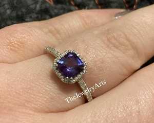 <b>Alexandrite</b> Proposal <b>Ring</b>, 925 Sterling Silver, Minimalist <b>Alexandrite</b> Cushion Cut Stunning Halo <b>Ring</b> June Birthstone Women <b>Ring</b> - Product Image 5