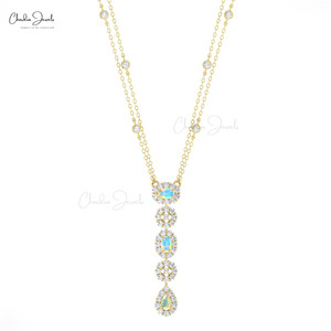 Natural 1.16 Ct Round Cut Diamond Lariat <b>Necklace</b> with Ethiopian <b>Opal</b> Station Drop <b>Necklace</b> 14k Solid Gold Hallmarked <b>Necklace</b> - Product Image 1
