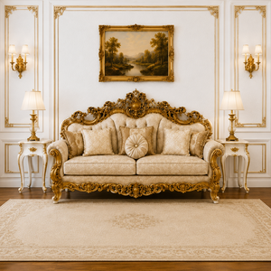 Juego de Sofás de Madera de 5 Plazas Estilo Francés con Respaldo Acolchado y Brazos Enrollados, Diseño de Lujo, Muebles Duraderos para Sala de Estar - Product Image 2