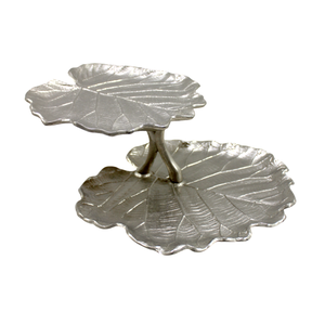 Bandeja de Servicio de Aluminio Fundido, Plateada Brillante, con Diseño de Hojas, Bandeja de Dos Niveles para Servir Frutas, Vajilla Decorativa Multiusos - Product Image 1