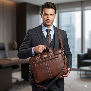 Sac messager unisexe Wriza en cuir véritable marron, durable, imperméable, antivol, avec protection RFID, pour ordinateur portable, avec bretelles réglables - Product Image 2