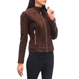 <b>Women's</b> Brown Suede Motorcycle Jacket Stand Collar Zipper Long Sleeve Moto Biker <b>Coat</b> - Product Image 5