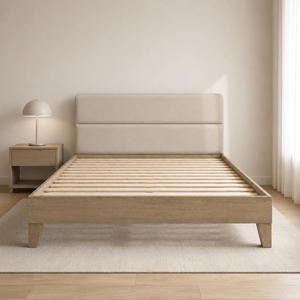 Fournisseur OEM/ODM de meubles : Lits en bois avec tête de lit capitonnée, lit minimaliste en chêne massif, meubles de chambre à coucher du Vietnam - Product Image 1