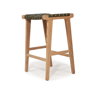 Silla de Bar Tejida Estilo Escandinavo con Estructura de Madera de Teca y Cuero Genuino para Cocina y Restaurante - Product Image 5