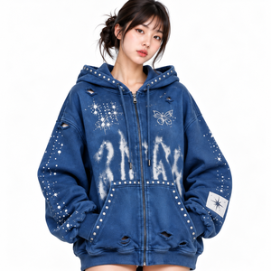 Sudadera con Capucha Oversize para Mujer, Estampado Azul Descolorido, Felpa Lavada al Ácido, Manga Larga con Decoración de Agujeros, Estilo Casual de Invierno - Product Image 1