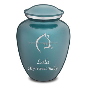 Custom Pet Cremation <b>Urn</b> Teal Color <b>Cat</b> Design with Customise Text Ali Handicrafts Indian Wholesale Supplier - Product Image 1