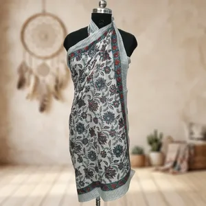 Pareo de algodón estampado a mano con motivos florales, pañuelo de playa, dupatta, ligero, para verano, para mujer, uso diario informal. - Product Image 2