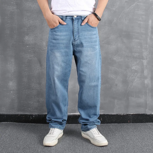 <b>Men's</b> Casual Style <b>Jeans</b> Large Size Oversized Denim Trousers Mid Waist with <b>Drawstring</b> Closure Loose Straight Long Design - Product Image 6