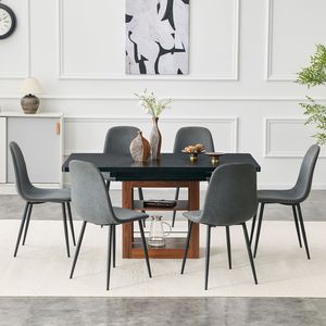 Set Moderno di Tavolo da Pranzo a L Espandibile e Sedie, 59-71 Pollici, con 6 Sedie Abbinate in Lino e Cotone Grigio Scuro - Product Image 3