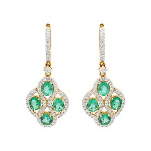 Pendientes Colgantes de Oro Amarillo Sólido de 18K con Esmeralda Natural y Diamantes en Halo, Joyas Memoria, Venta al por Mayor - Product Image 1