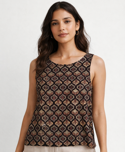 Rajasthani Textile 100% Organic Cotton Natural Dye Hand Drawn Ajrakh Floral Pocket Collarless <b>Crop</b> Tank <b>Top</b> Breathable Women's - Product Image 1