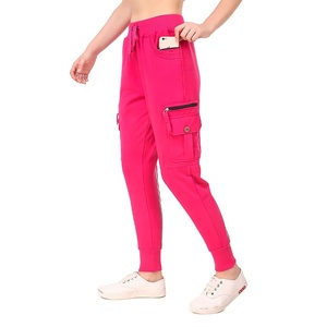Pantalons de survêtement cargo en molleton de coton personnalisés, pantalons de jogging de sport pour femmes, pantalons de jogging d'entraînement solides avec cordon de serrage et poches latérales - Product Image 1