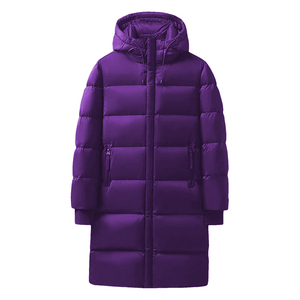 Long <b>Quilted</b> Winter <b>Jacket</b> With Hood Full Sleeves Zipper Closure Solid Color Polyester Shell Thick Warm Coat - Product Image 1