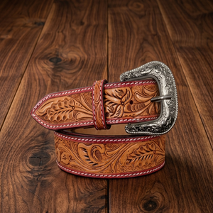 Best Quality <b>Men's</b> Western Style Denim Durable Hand Tooling <b>Belt</b> with Alloy Buckle Korean Retro Floral Pattern Embossing <b>Belt</b> - Product Image 1