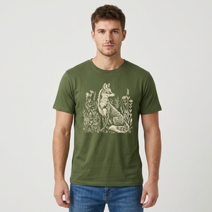 T-shirt pour homme vert olive avec motif renard, illustration vintage de la faune et imprimé floral botanique - Product Image 1