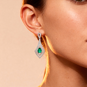 Solid Gold Dangling Drop Earrings Lab Grown <b>Emerald</b> Gemstone & Real White Diamonds Earrings Jewelry For Valentines Day Gift - Product Image 2