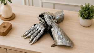 Gants en acier inoxydable plaqué argent, style antique moderne, armure polie en relief, objet de collection artistique, forme irrégulière - Product Image 5