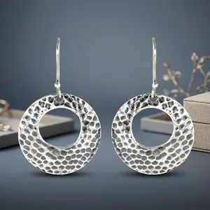 Oxidized Finish 925 Sterling Silver Hoop Earrings for Women Handmade Textured <b>Round</b> Statement Jewelry - Product Image 3