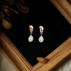Gold Baroque Pearl Drop Earrings Minimalist Freshwater Pearl Jewelry Wedding Bridal Bridesmaid Gift Elegant - Product Image 1