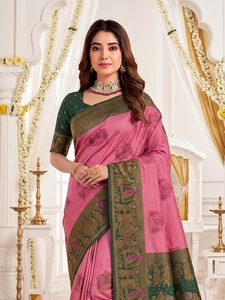 Pink and Green Silk <b>Saree</b> with Gold Zari Work Traditional Indian Wedding Wear <b>for</b> <b>Women</b> Sun Protection All Seasons - Product Image 5
