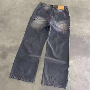 Jeans de mezclilla unisex para hombre, estilo streetwear, diseño patchwork, otoño, casual, holgados, de pierna ancha, extragrandes, con decoración de diamantes de imitación - Product Image 2
