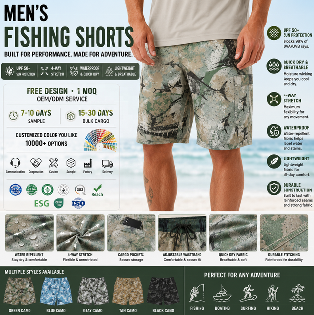 Custom Lightweight 4-Way Stretch UPF 50+ Waterproof Board Recyclable Performance Men's Quick Dry Ripstop Fishing Shorts Camo