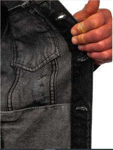 Veste en jean noire déchirée pour homme, coupe slim, couleur unie, boutonnée, décontractée, pour l'automne - Product Image 5