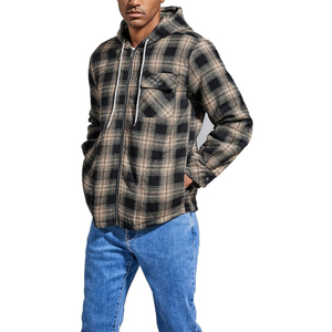 Wholesale Men's Full Zip Fleece <b>Flannel</b> <b>Jackets</b> Shirt Plaid Cotton Hoodies Soft Warm Coat For Men With Hood - Product Image 1