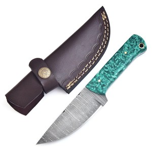 Cuchillo de caza y desollado de hoja fija de acero de Damasco forjado a mano, mango de resina, espiga completa, cuchillo personalizado OEM/ODM, funda de cuero - Product Image 3