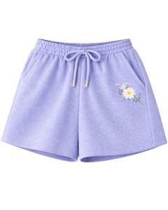 Ensemble décontracté deux pièces pour femme : débardeur court côtelé et short à cordon de serrage, violet lavande avec broderie papillon et marguerite - Product Image 2