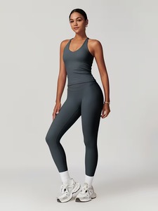 Women Solid Summer 2 Pcs Yoga Suit Strappy Back Sports Bra High Waist Leggings Seamless Gym <b>Workout</b> Matching Set - Product Image 1