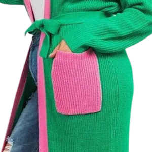 Green & Pink Fringe <b>Cardigan</b> <b>Sweater</b> Long Open Front Knit <b>Cardigan</b> with Contrast Trim and Patch Pockets Women's Outerwear Green - Product Image 5