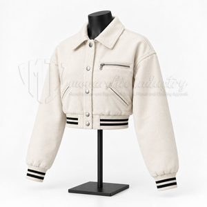 <b>Women</b> Cropped <b>Varsity</b> <b>Jacket</b> White <b>Bomber</b> <b>Jacket</b> Striped Rib Knit Cuff Streetwear Fashion <b>Jacket</b> - Product Image 3