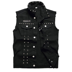 <b>Men</b> <b>Black</b> Denim <b>Vest</b> Punk Style Rivet Decorated Turn-down Collar Single Breasted Button Closure Autumn Outer Wear - Product Image 1
