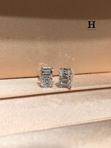 <b>Emerald</b> and Oval Cut Lab Grown Diamond Two Stone <b>Stud</b> Earrings 14K White Gold Stacked Multi Cut Earrings - Product Image 3