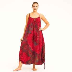 Robe longue maxi pour femme, rouge tie-dye, écologique, lavable, à bretelles spaghetti, manches courtes, style bohème, été - Product Image 2