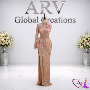 Luxury <b>Nude</b> Crystal Handmade <b>Mermaid</b> Silhouette Floor-Length Evening Gown | One-Shoulder High Slit Women's Wedding Reception - Product Image 3