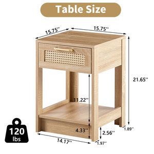 Alpern 15.75 "de large tiroir en rotin naturel Table d'extrémité en bois massif Espace de rangement ouvert Découpes à mi-hauteur pour meubles de salon - Product Image 3