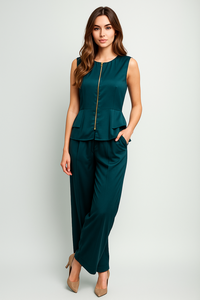 จั๊มสูทสีเขียวอมฟ้าแบบไม่มีแขน ดีไซน์เอวเปปลัมพร้อมซิปสีทอง ขากว้าง ผลิตจากผ้าโพลีเอสเตอร์ มีไซส์ M L XL XXL ขายส่ง - Product Image 3