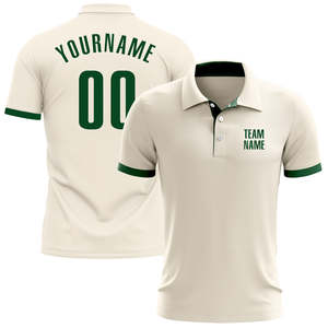 Polo personnalisé à manches courtes pour homme, couleur crème, bordure verte, nom et numéro imprimés - Product Image 1