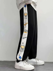 Men's Black Mid Elastic Waist Sweatpants with <b>White</b> Side Stripe Straight Printed Pattern Casual Fit Winter Wear - Product Image 5