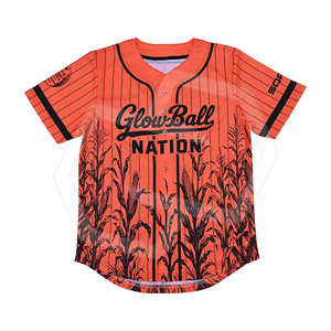 Camiseta de Béisbol Personalizable al por Mayor, Unisex, con Botones, de Poliéster, Naranja y Negra, con Estampado de Maíz Sublimado, Manga Corta, Absorbente de Humedad - Product Image 1